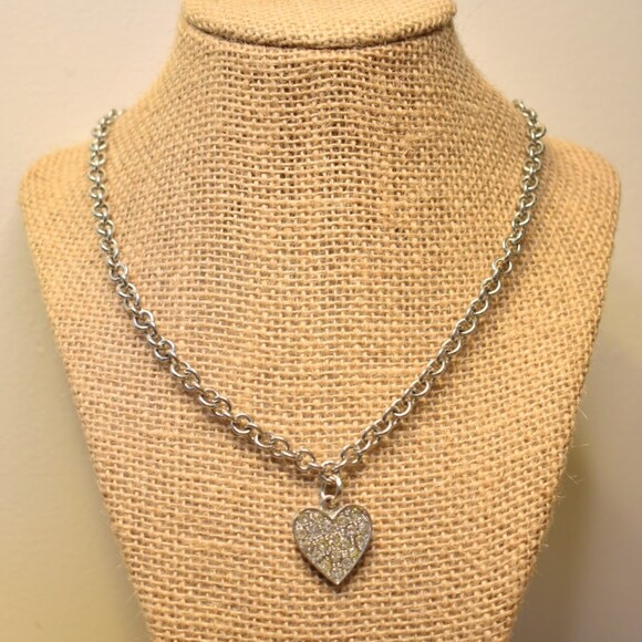Artisan Created Rhinestone Encrusted Heart Rhodium Plated Chunky Chain Necklace - Picture 3 of 3